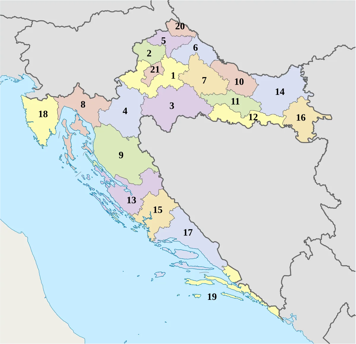 Mapa de Croacia con los condados numerados, la ciudad de Zagreb, Istria, Dalmacia, Eslavonia y la costa adriática