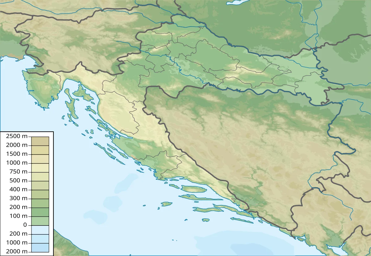 Mapa físico de Croacia con relieve, costa adriática, islas, ríos, fronteras, batimetría y escala altimétrica