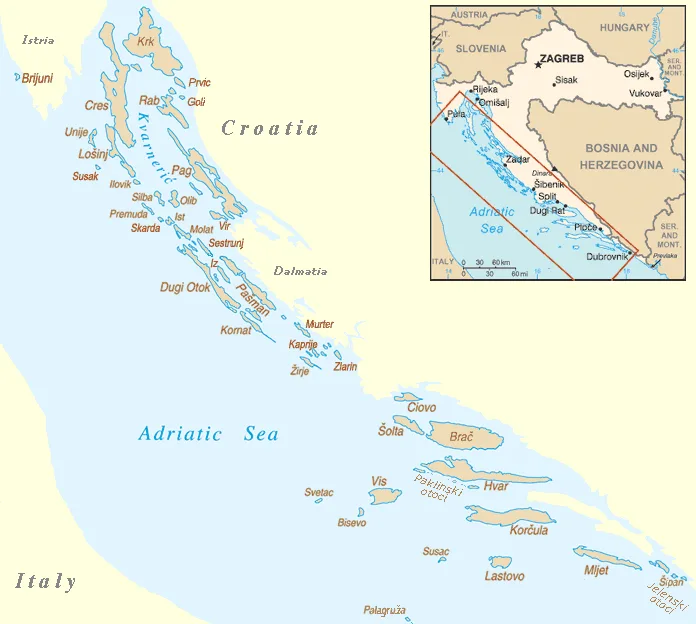 Mapa de las islas croatas del mar Adriático con Krk, Cres, Rab, Pag, Kornat, Brač, Hvar, Korčula, Vis, Lastovo y Mljet