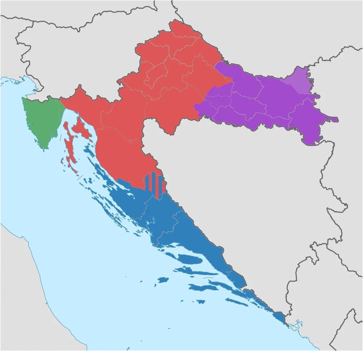 Mapa de regiones históricas de Croacia con Croacia propia, Dalmacia, Eslavonia e Istria