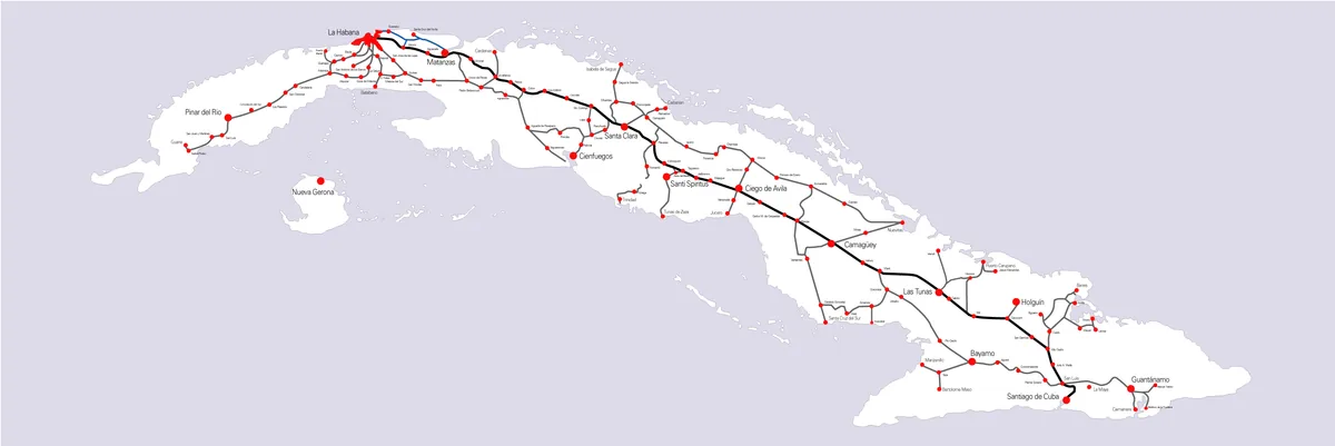 Mapa ferroviario de Cuba con líneas principales, ramales y ciudades como La Habana, Santa Clara, Camagüey, Holguín, Santiago de Cuba y Guantánamo