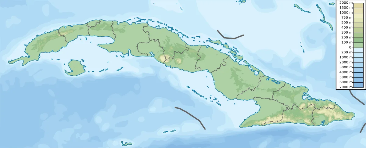 Mapa físico de Cuba con relieve, montañas del oriente, llanuras, plataforma marina e Isla de la Juventud