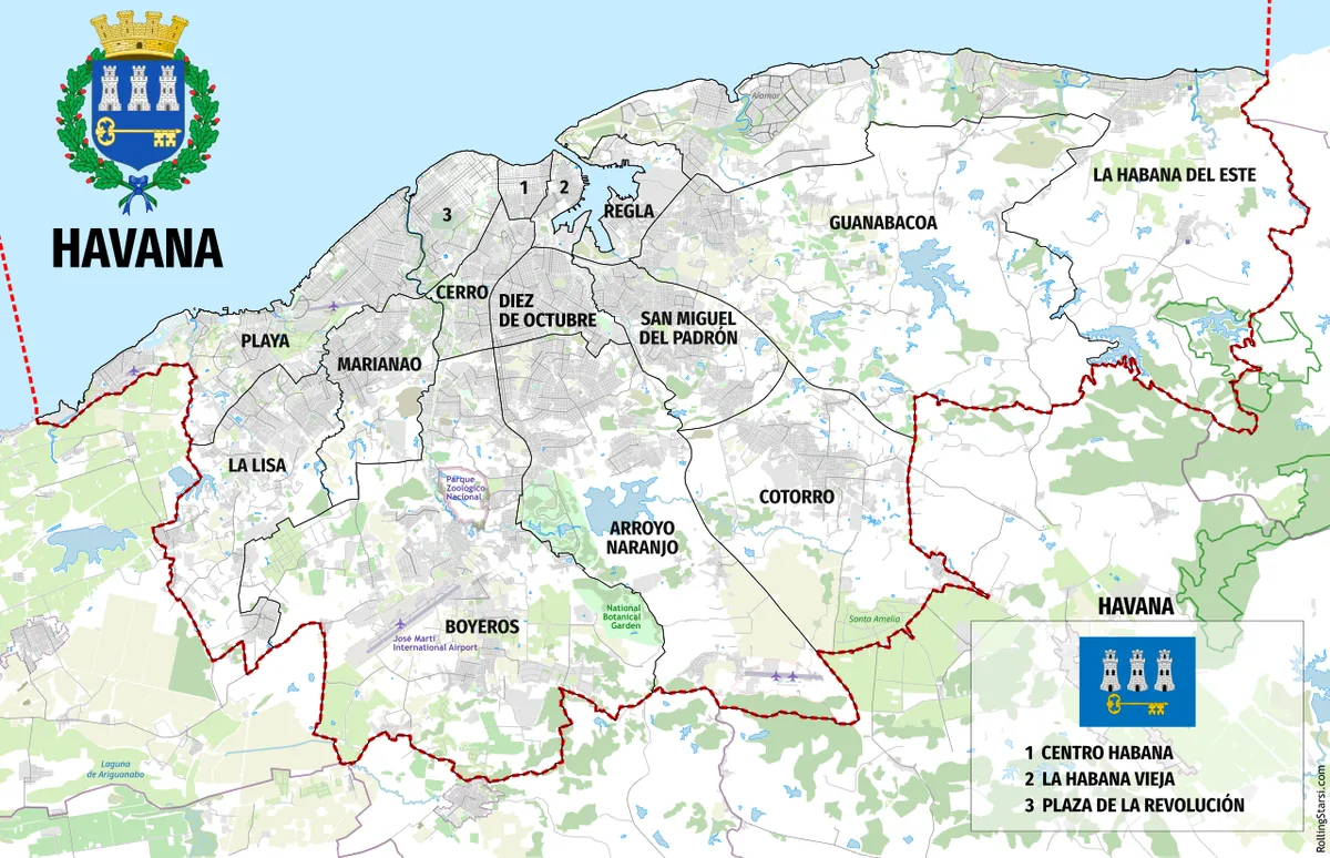 Mapa de La Habana con municipios, calles, costa, bahía, zonas verdes y aeropuerto José Martí
