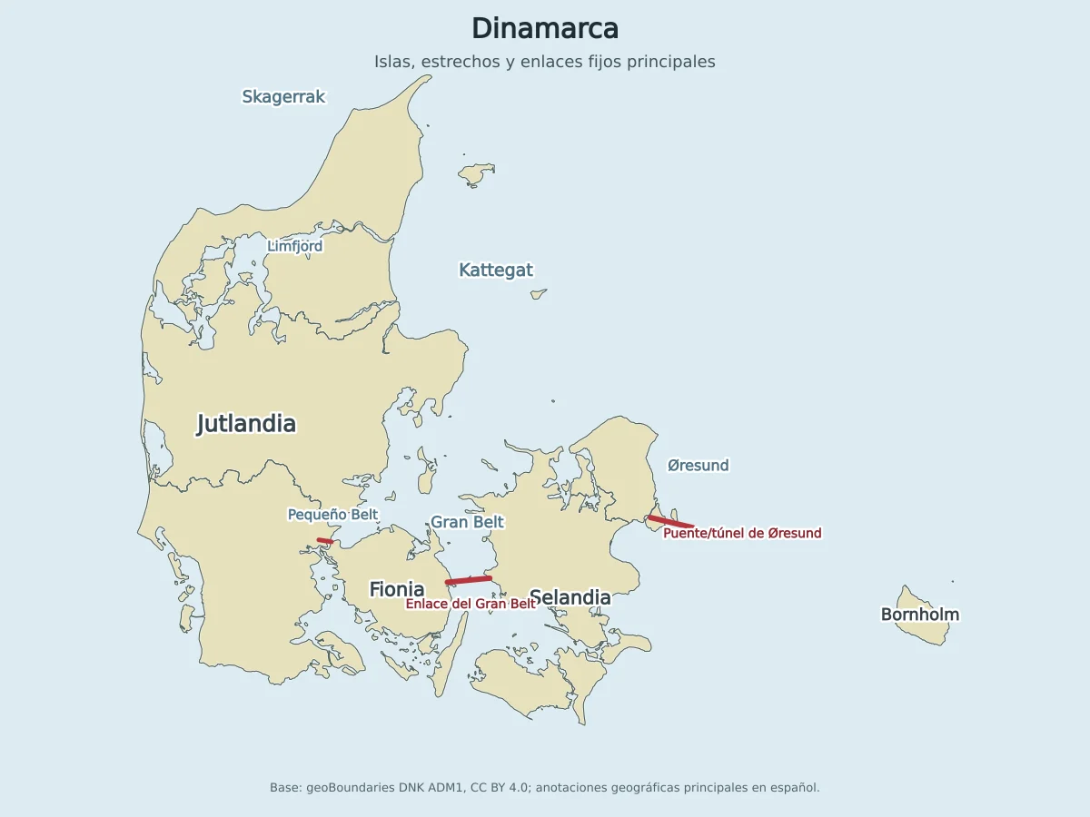 Mapa de Dinamarca con Jutlandia, Fionia, Selandia, Bornholm, Limfjord, Skagerrak, Kattegat, Gran Belt, Pequeño Belt, Øresund y enlaces fijos