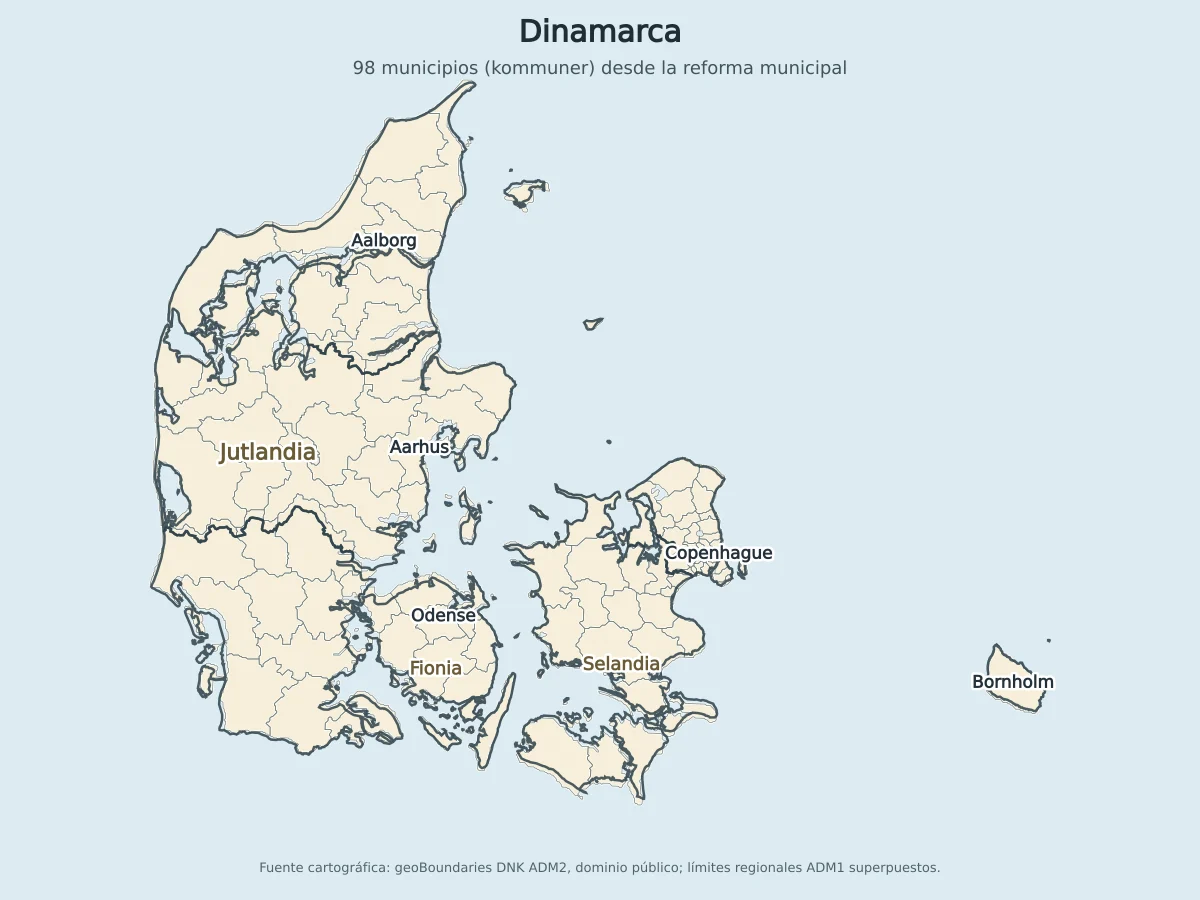 Mapa de Dinamarca con los 98 municipios, límites regionales, Copenhague, Aarhus, Odense, Aalborg, Fionia, Selandia y Bornholm