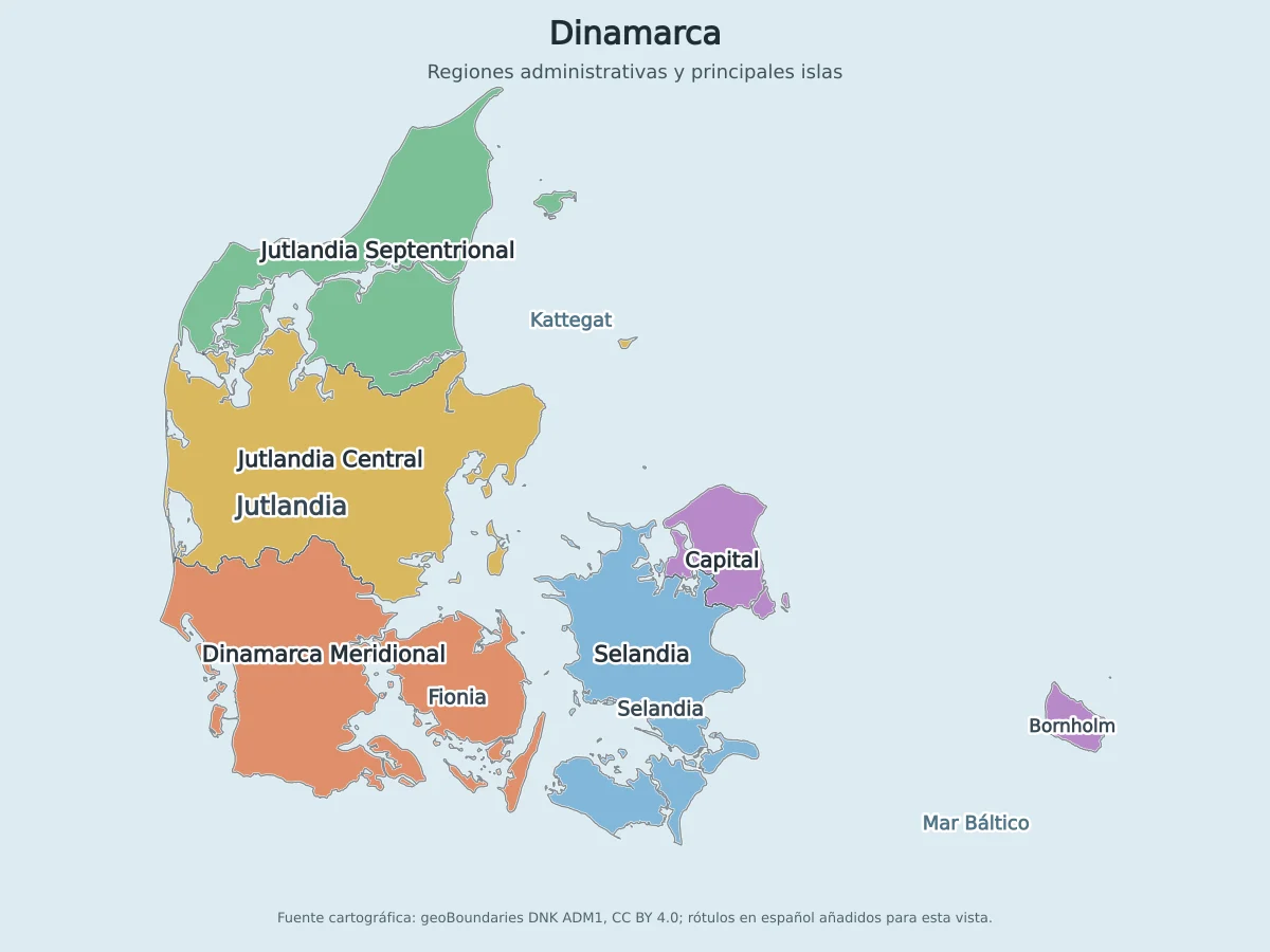 Mapa de Dinamarca con las cinco regiones administrativas, Jutlandia, Fionia, Selandia, Bornholm, Kattegat y mar Báltico