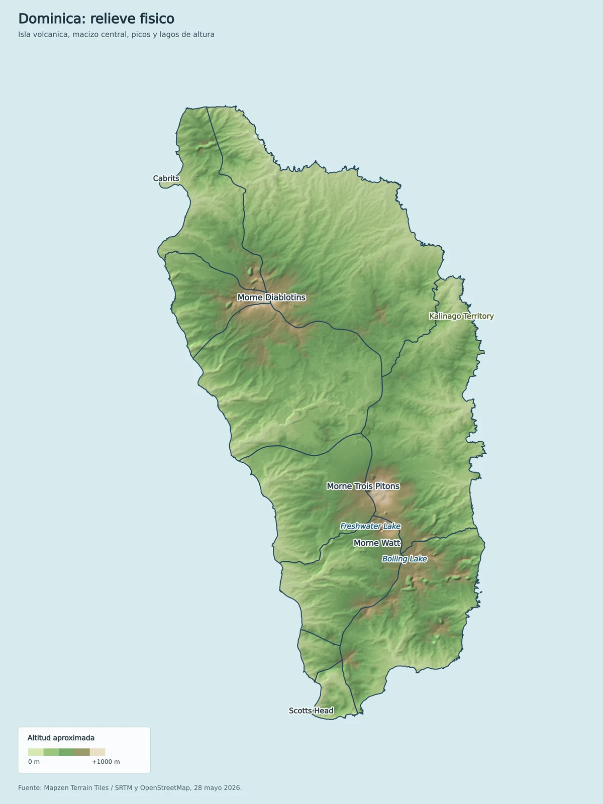 Mapa fisico de Dominica con relieve sombreado, Morne Diablotins, Morne Trois Pitons, Morne Watt, Freshwater Lake, Boiling Lake, Cabrits y Scotts Head