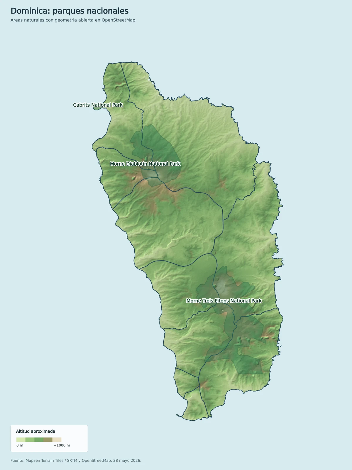 Mapa de Dominica con Cabrits National Park, Morne Diablotin National Park y Morne Trois Pitons National Park sobre relieve sombreado
