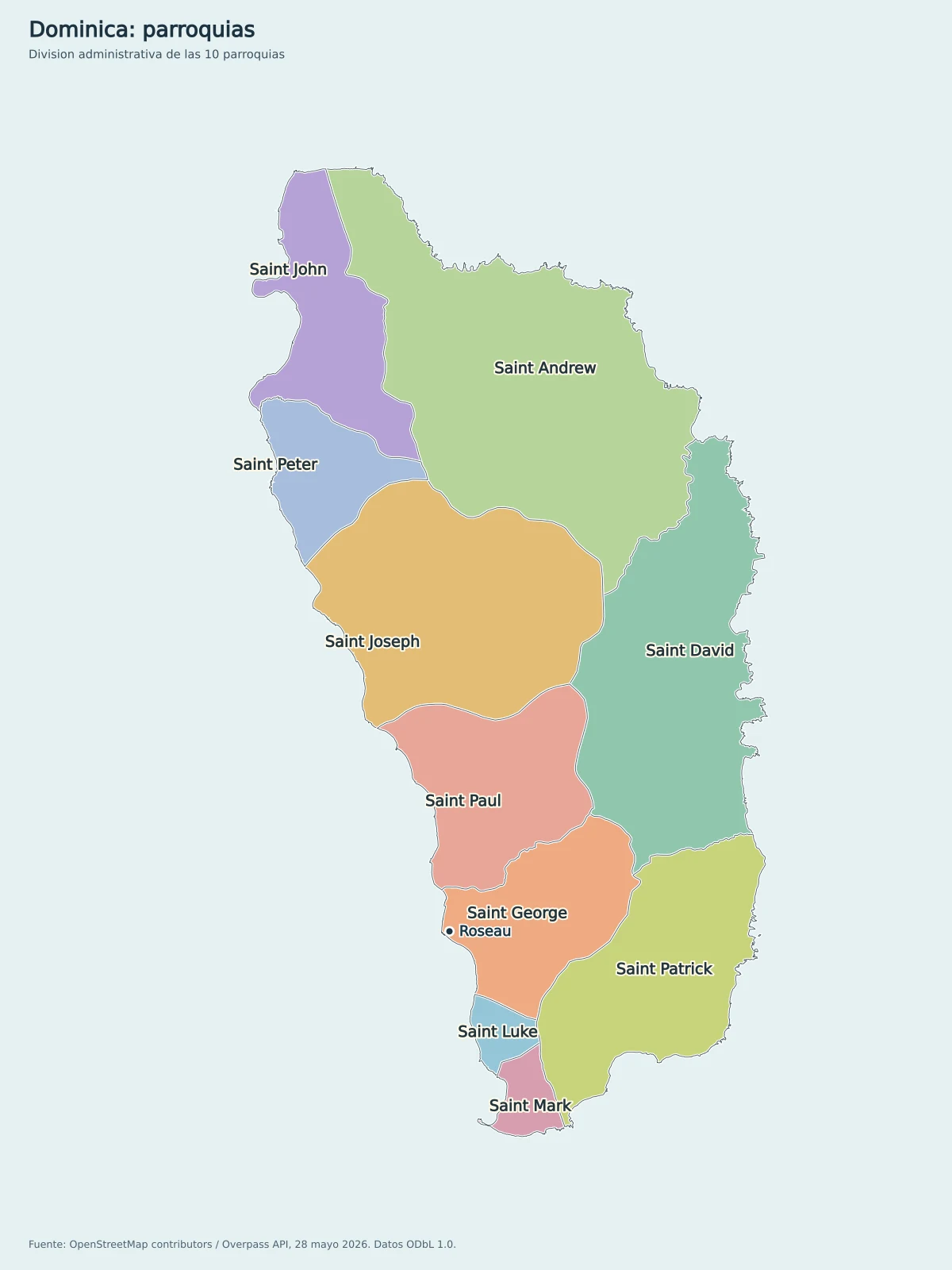 Mapa de Dominica con sus 10 parroquias: Saint Andrew, Saint David, Saint George, Saint John, Saint Joseph, Saint Luke, Saint Mark, Saint Patrick, Saint Paul y Saint Peter
