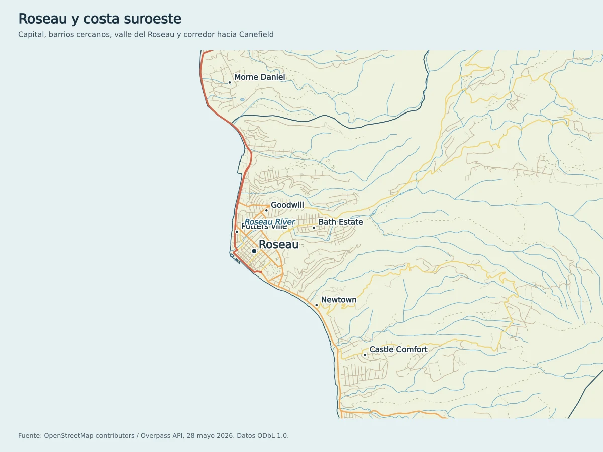 Mapa de Roseau en Dominica con Goodwill, Potters Ville, Newtown, Bath Estate, Castle Comfort, Morne Daniel, Roseau River y el corredor hacia Canefield