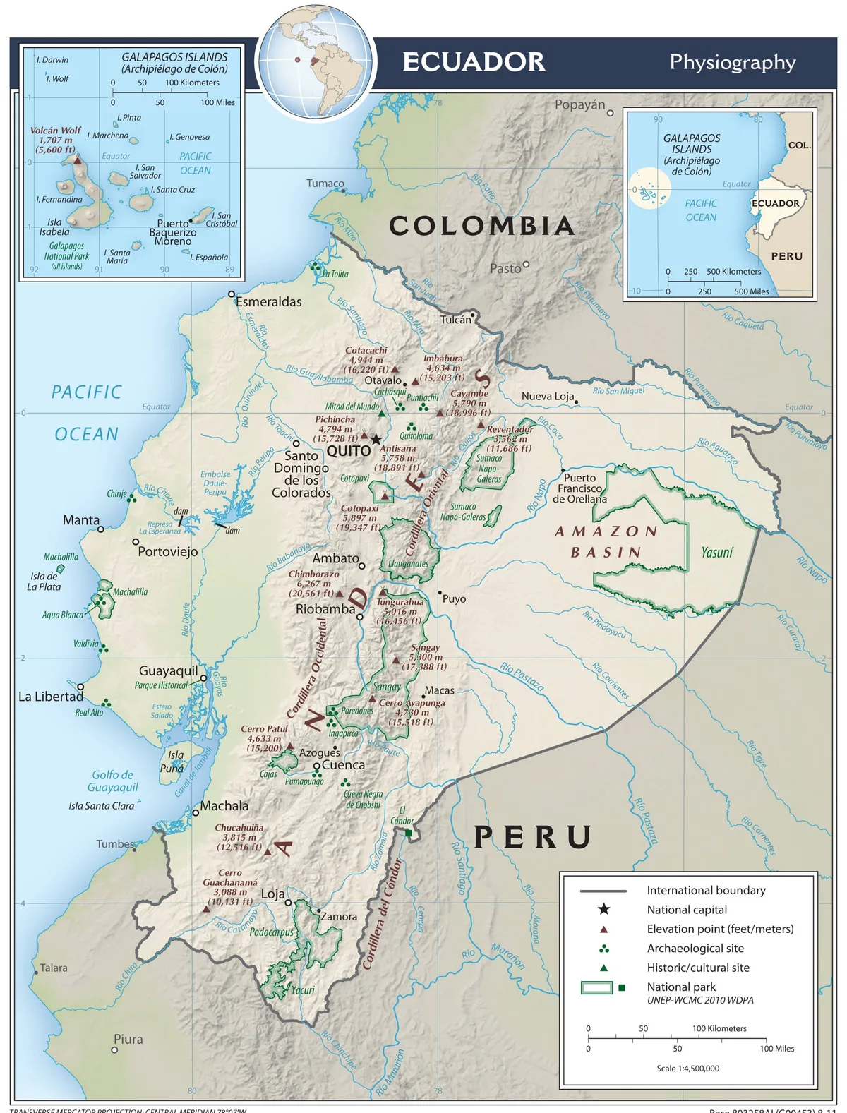 Mapa físico de Ecuador con Costa, Andes, Amazonía, volcanes, ríos, Quito, Guayaquil, Cuenca y Galápagos