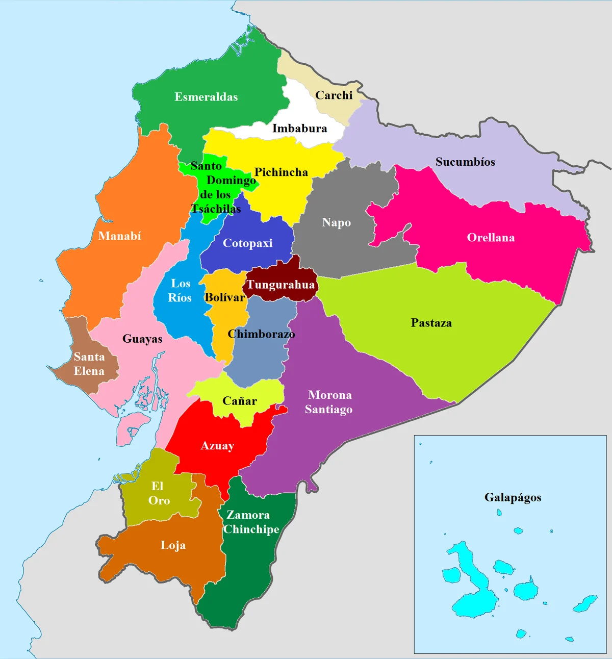 Mapa político de Ecuador con provincias y recuadro de Galápagos