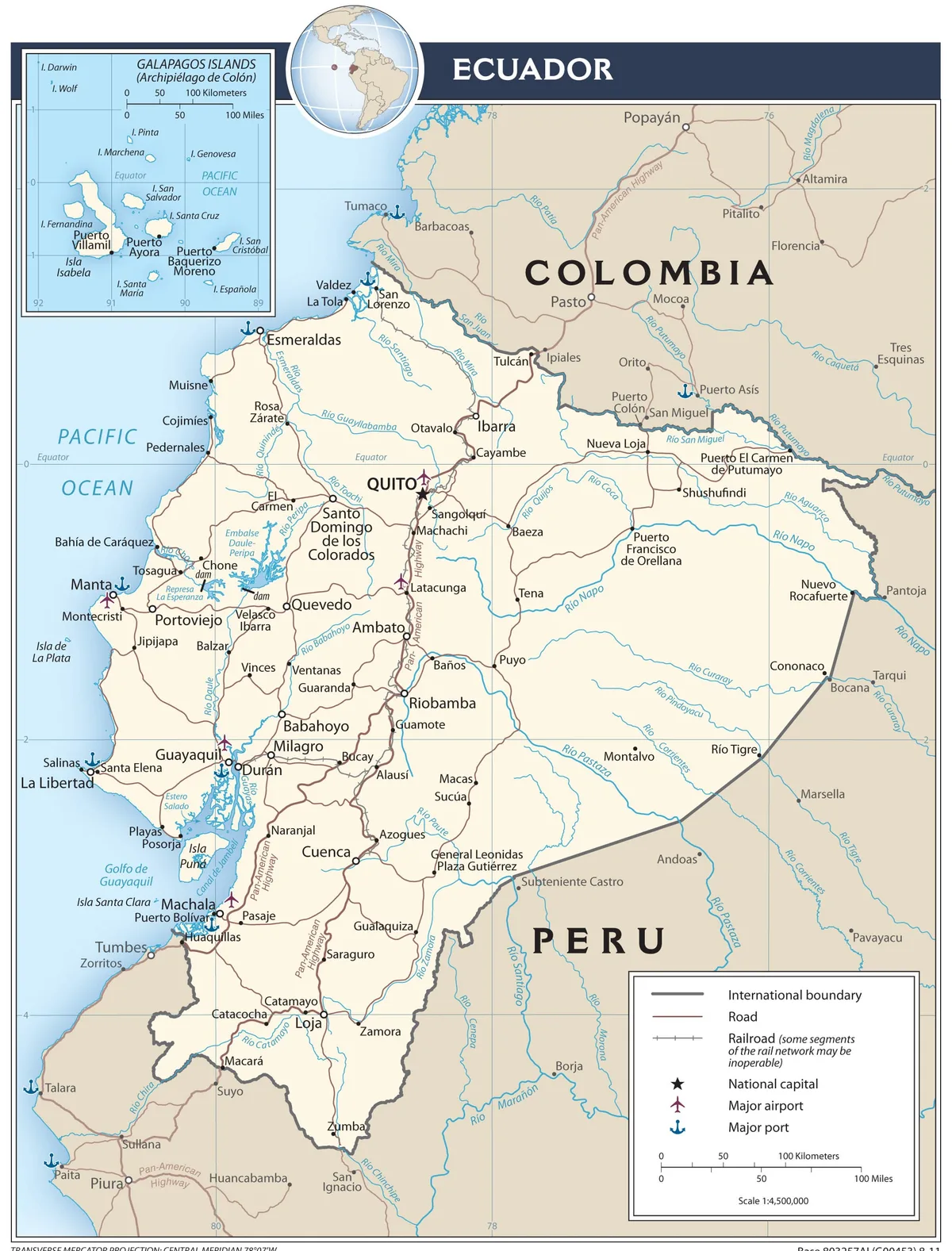 Mapa de transporte de Ecuador con carreteras, aeropuertos, puertos, Quito, Guayaquil, Cuenca, Manta, Esmeraldas y Galápagos