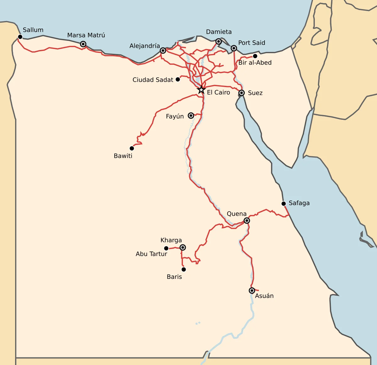 Mapa de la red ferroviaria de Egipto con líneas principales entre Alejandría, El Cairo, Suez, Luxor y Asuán