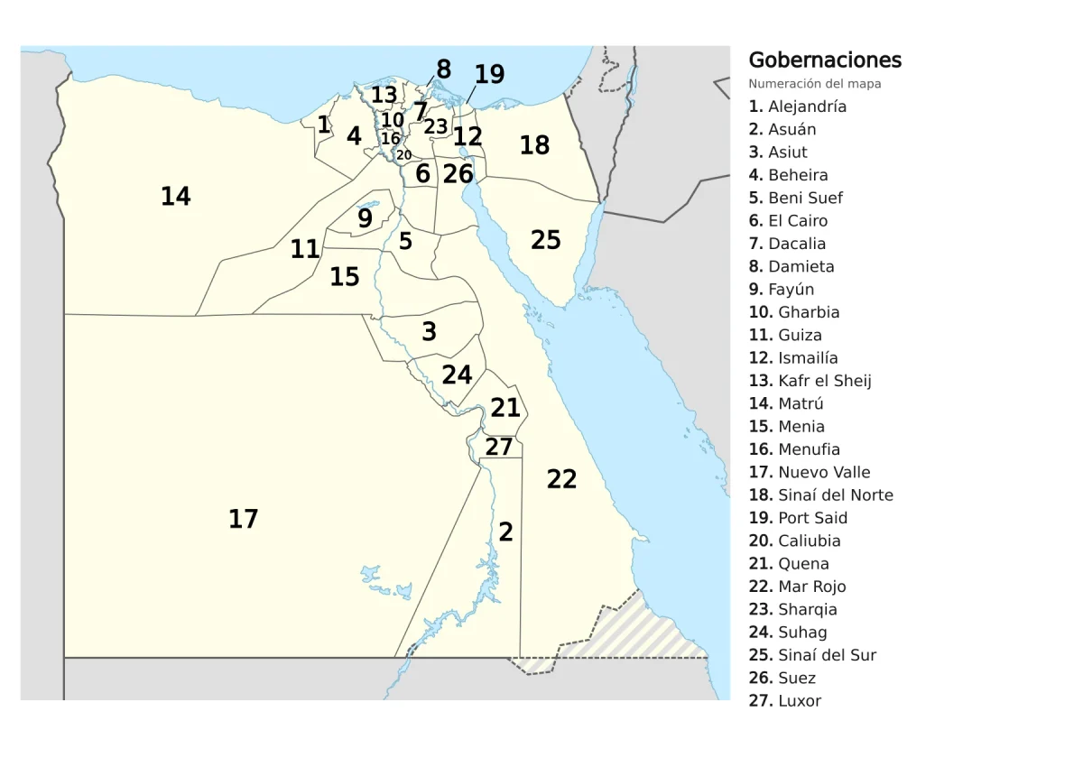 Mapa político de Egipto con sus 27 gobernaciones numeradas y leyenda en español