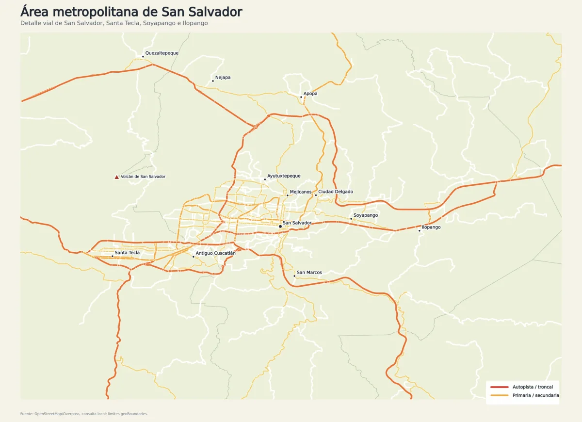 Mapa vial del área metropolitana de San Salvador con Santa Tecla, Mejicanos, Soyapango, Ilopango, Apopa, Ciudad Delgado, San Marcos y el volcán de San Salvador