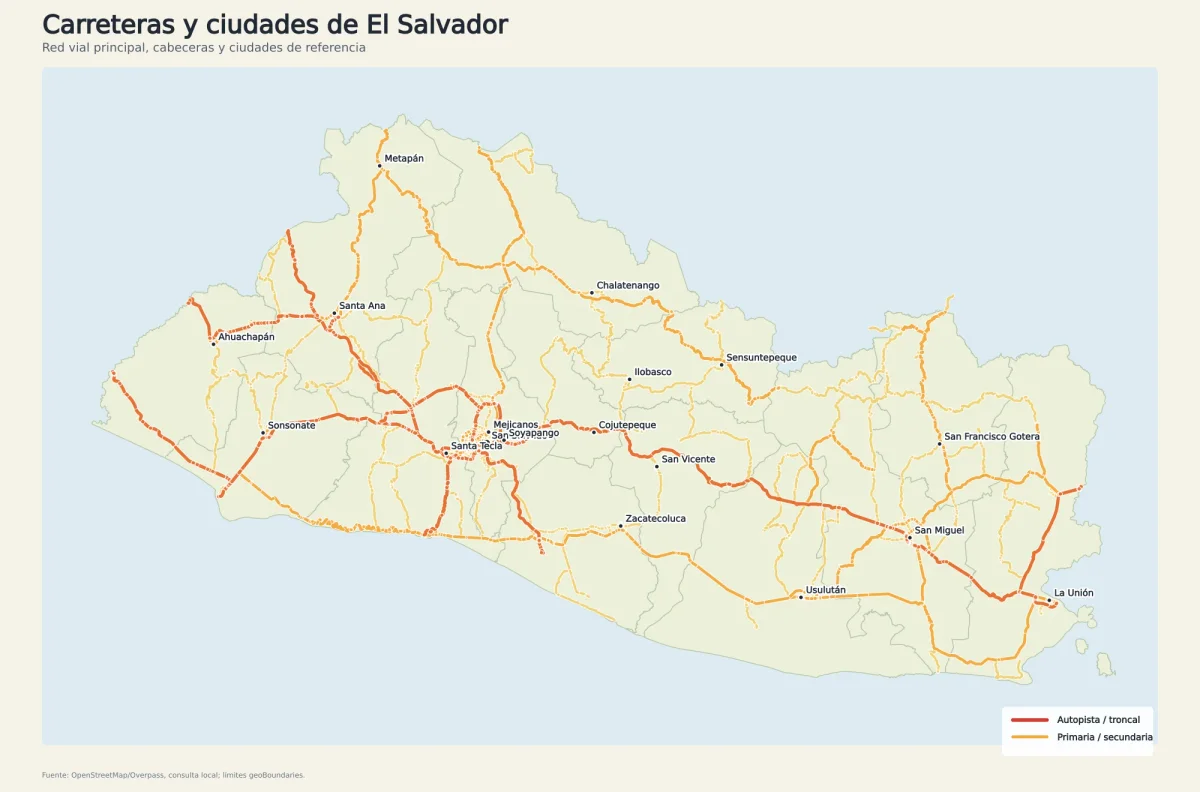 Mapa de El Salvador con carreteras principales, ciudades y cabeceras como San Salvador, Santa Ana, San Miguel, Sonsonate, Usulután y La Unión