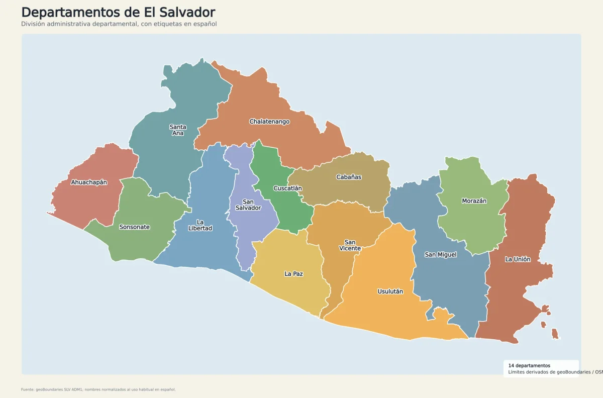 Mapa de El Salvador con sus 14 departamentos etiquetados en español