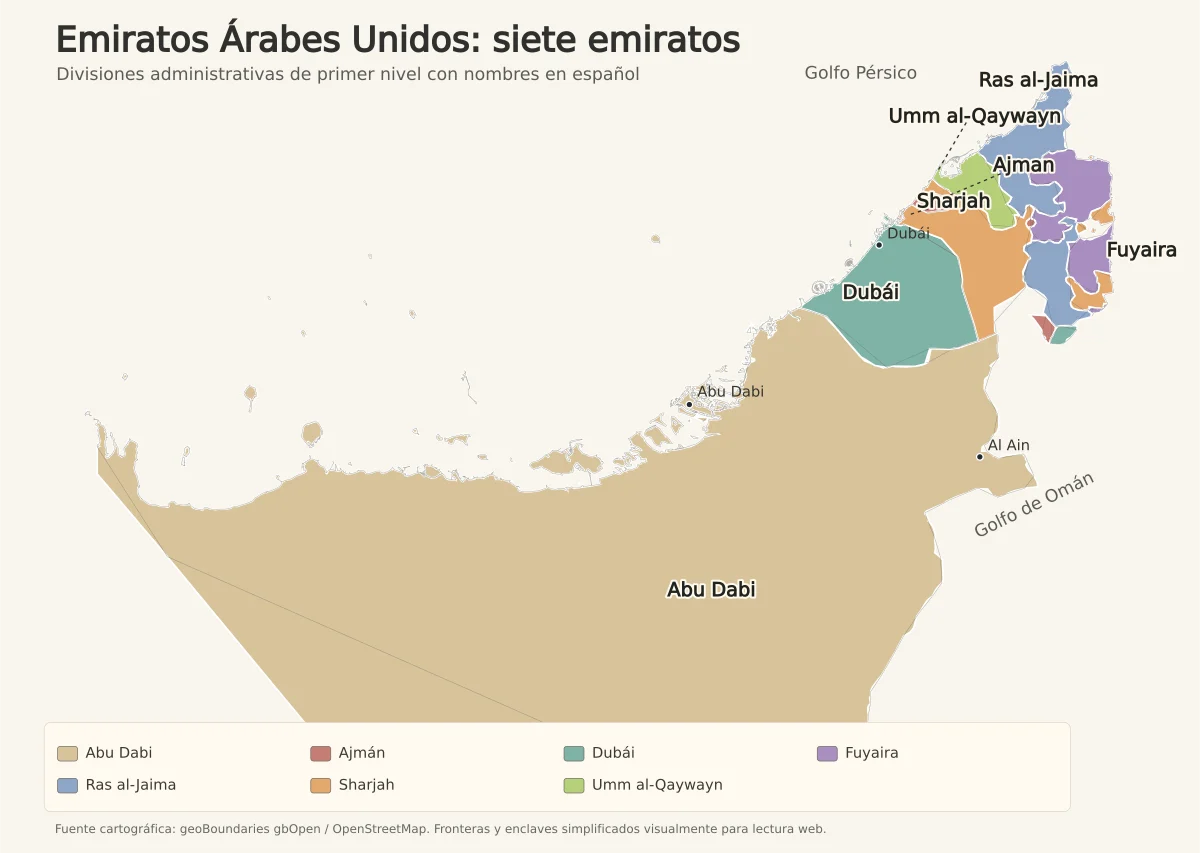 Mapa de Emiratos Árabes Unidos con Abu Dabi, Dubái, Sharjah, Ajmán, Umm al-Qaywayn, Ras al-Jaima y Fuyaira