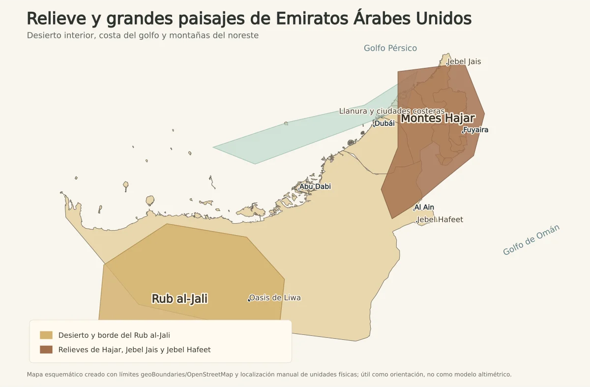 Mapa físico esquemático de Emiratos Árabes Unidos con Rub al-Jali, oasis de Liwa, costa del golfo Pérsico, montes Hajar, Jebel Jais, Jebel Hafeet, Abu Dabi, Dubái, Al Ain y Fuyaira