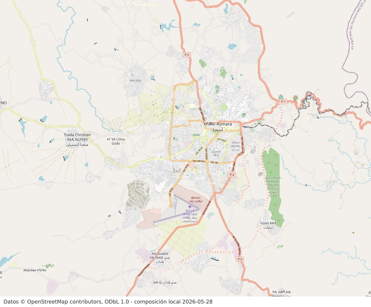 Mapa urbano de Asmara con el centro de la capital de Eritrea, aeropuerto internacional de Asmara, carreteras principales y barrios del entorno