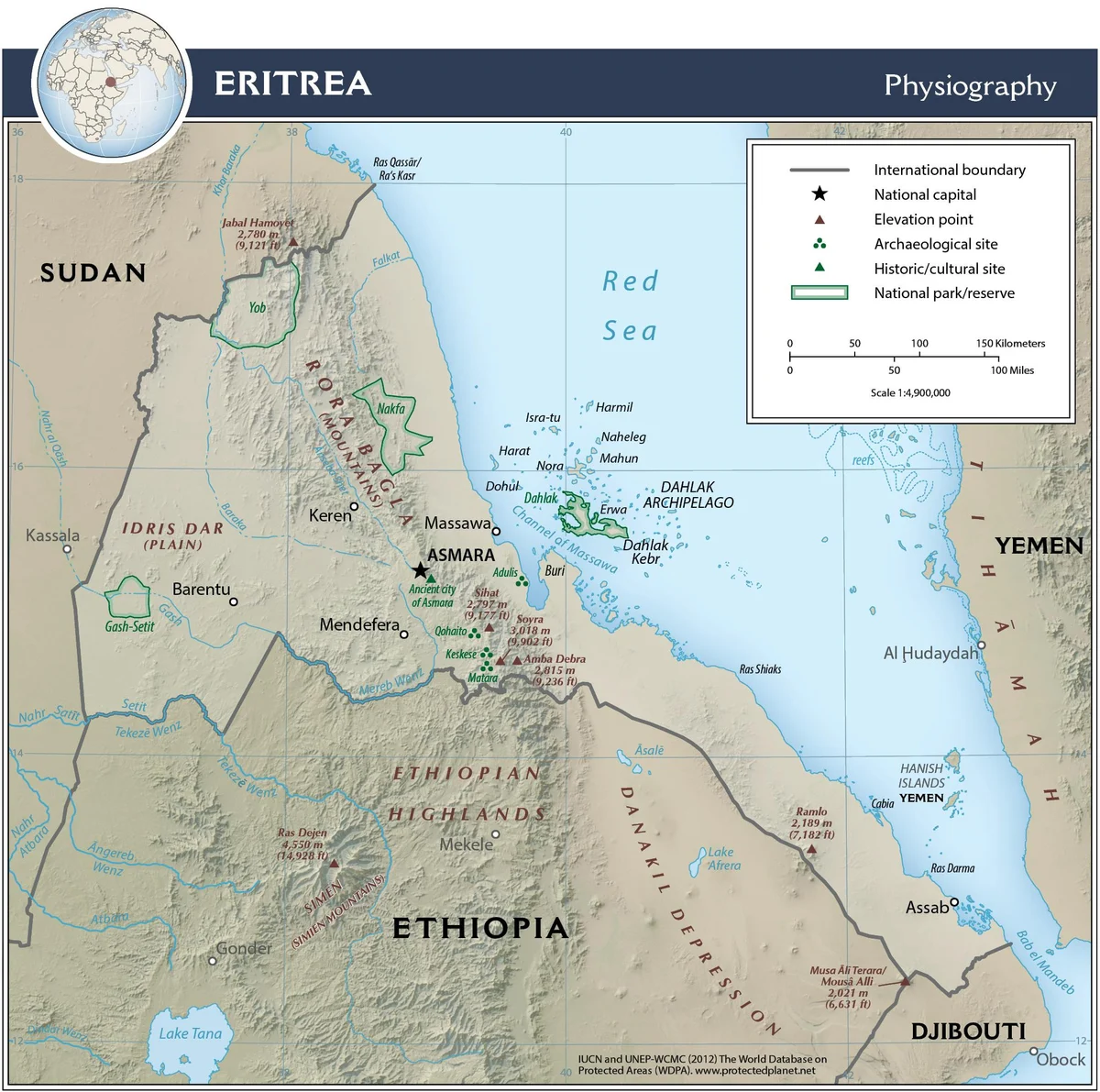 Mapa físico de Eritrea con relieve sombreado, mar Rojo, archipiélago Dahlak, Massawa, Asmara, Keren, Barentu, Assab, depresión de Danakil y tierras altas etíopes