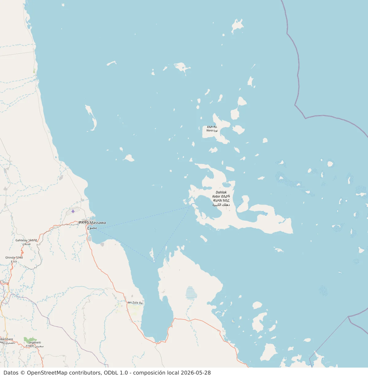 Mapa de la costa de Massawa y el archipiélago Dahlak en el mar Rojo con islas, canales, península de Buri, carretera costera y entorno de la bahía de Massawa