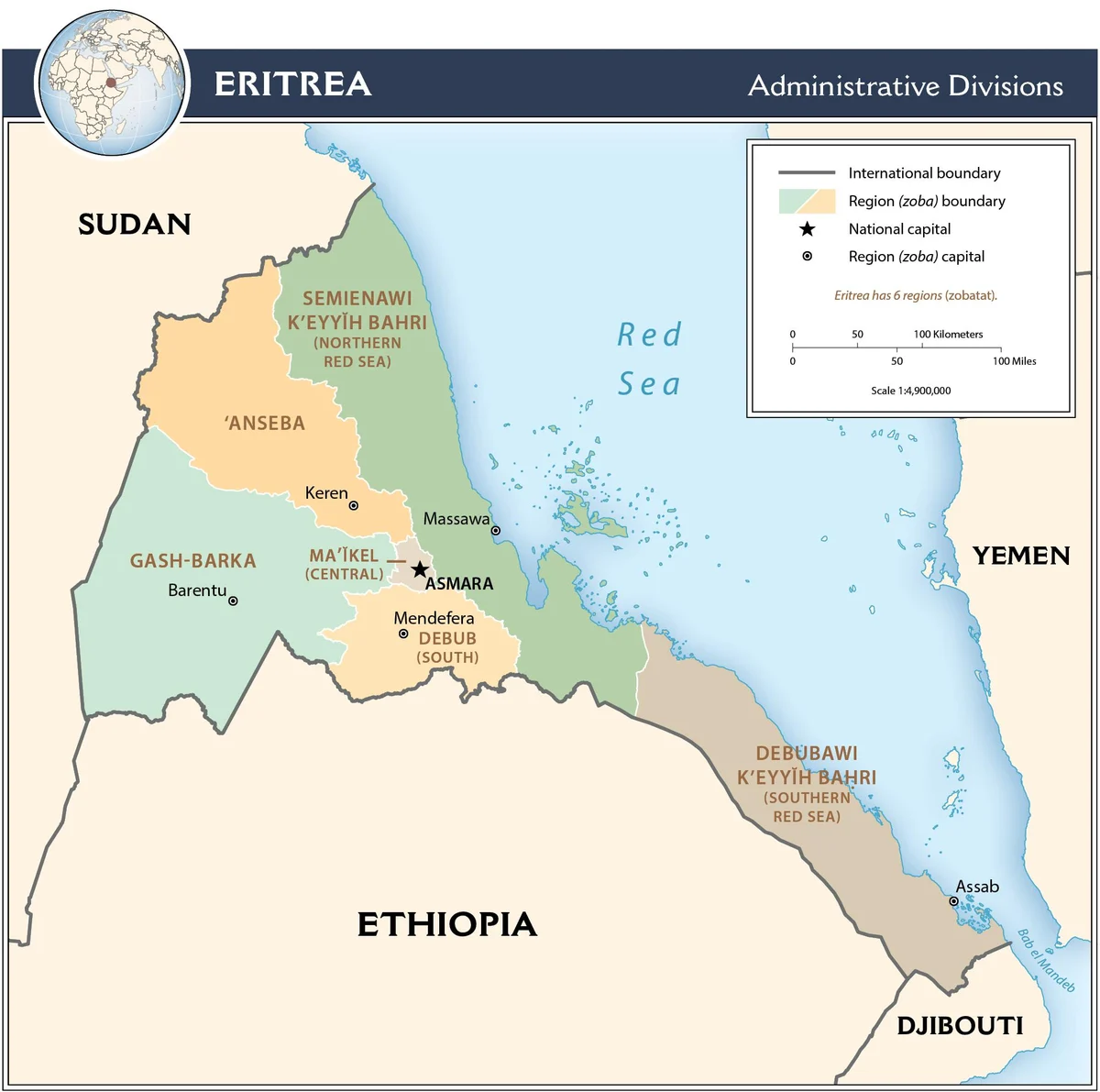 Mapa administrativo de Eritrea con las seis regiones o zobas: Semienawi Keyih Bahri, Debubawi Keyih Bahri, Anseba, Gash-Barka, Maekel y Debub