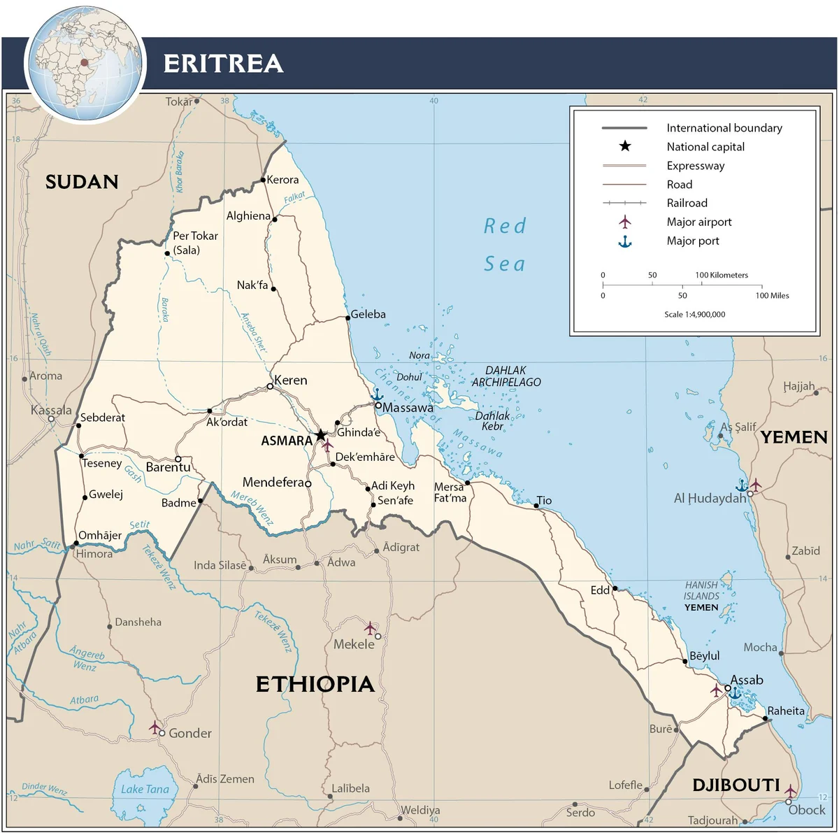 Mapa de transporte de Eritrea con carreteras, ferrocarril, aeropuerto de Asmara, puerto de Massawa, puerto de Assab y rutas hacia Keren, Barentu, Mendefera y Adi Keyh