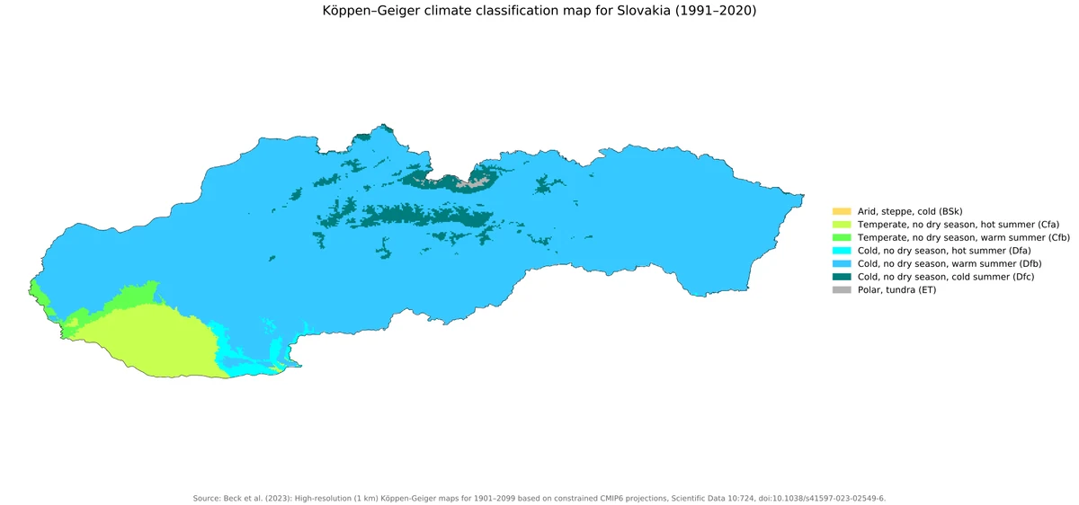 Mapa de Eslovaquia con clasificacion climatica Koppen-Geiger 1991-2020 y categorias Cfa, Cfb, Dfa, Dfb, Dfc, BSk y ET