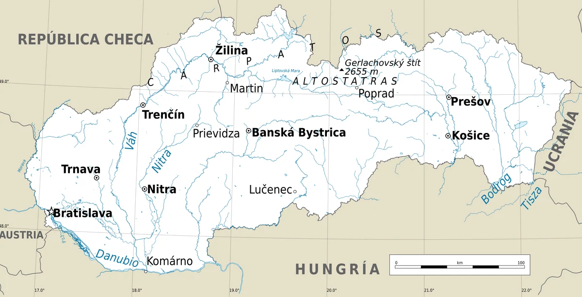 Mapa general de Eslovaquia en español con relieve, Tatras, Carpatos, Danubio, Vah, Nitra, Bodrog, Tisza y ciudades principales