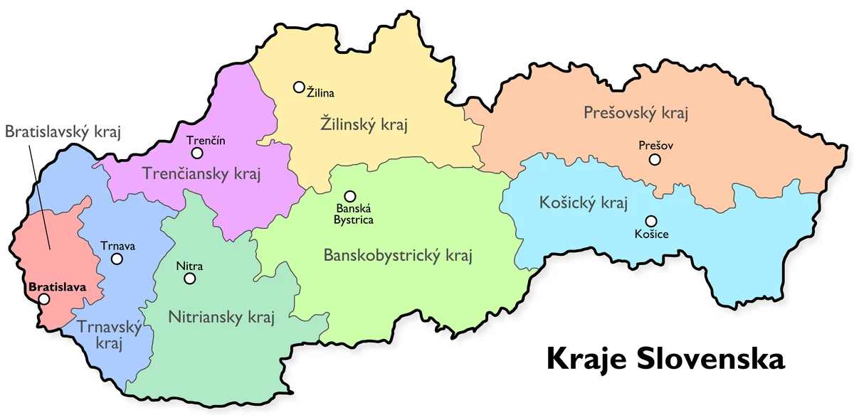 Mapa de Eslovaquia con ocho kraje: Bratislava, Trnava, Trencin, Nitra, Zilina, Banska Bystrica, Presov y Kosice