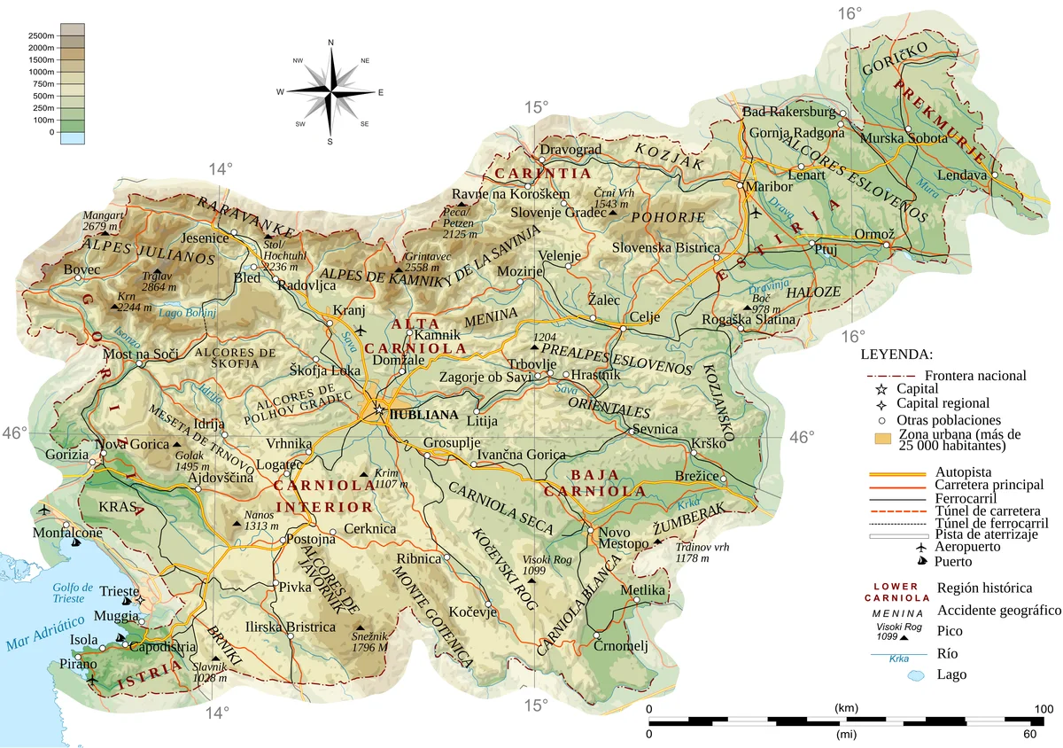 Mapa físico de Eslovenia en español con relieve, Liubliana, Maribor, ríos, carreteras, costa adriática y países vecinos