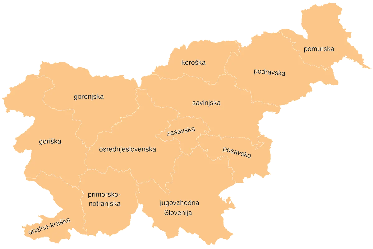 Mapa de Eslovenia con sus 12 regiones estadísticas desde 2015