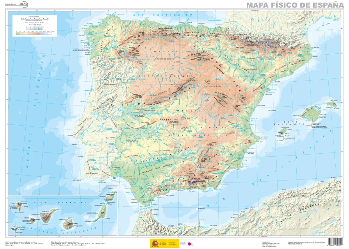 Mapa físico de España con relieve, cordilleras, ríos principales y costas
