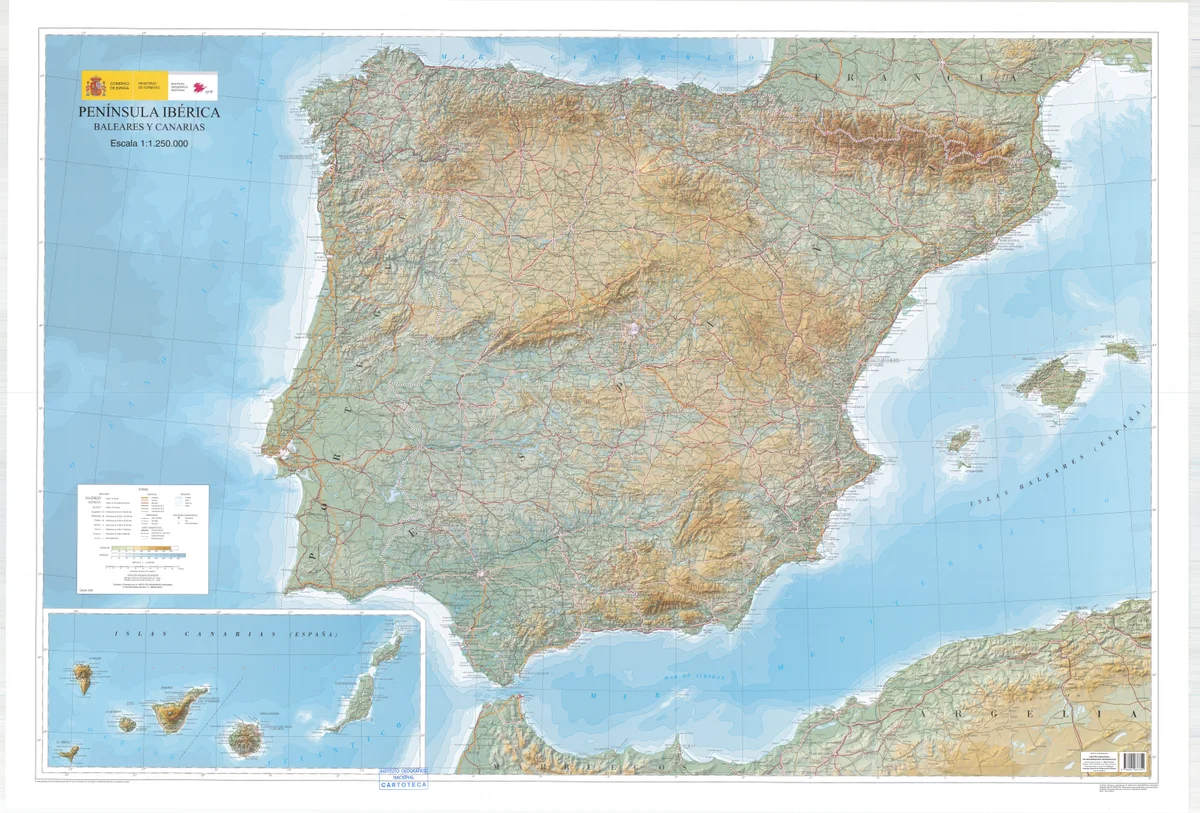 Mapa general de España, península ibérica, Baleares y Canarias con relieve, costas, ciudades y carreteras