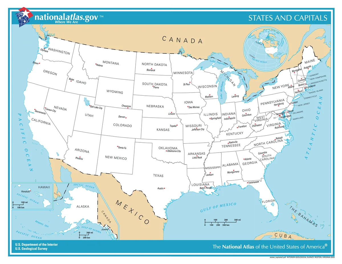 Mapa de Estados Unidos con nombres de estados, capitales estatales, Alaska, Hawaii y países vecinos