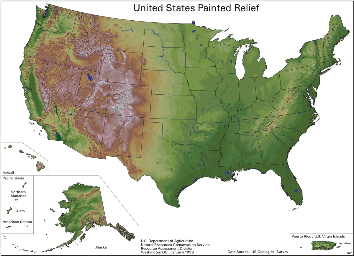 Mapa físico de Estados Unidos con relieve sombreado, Alaska, Hawaii y territorios insulares