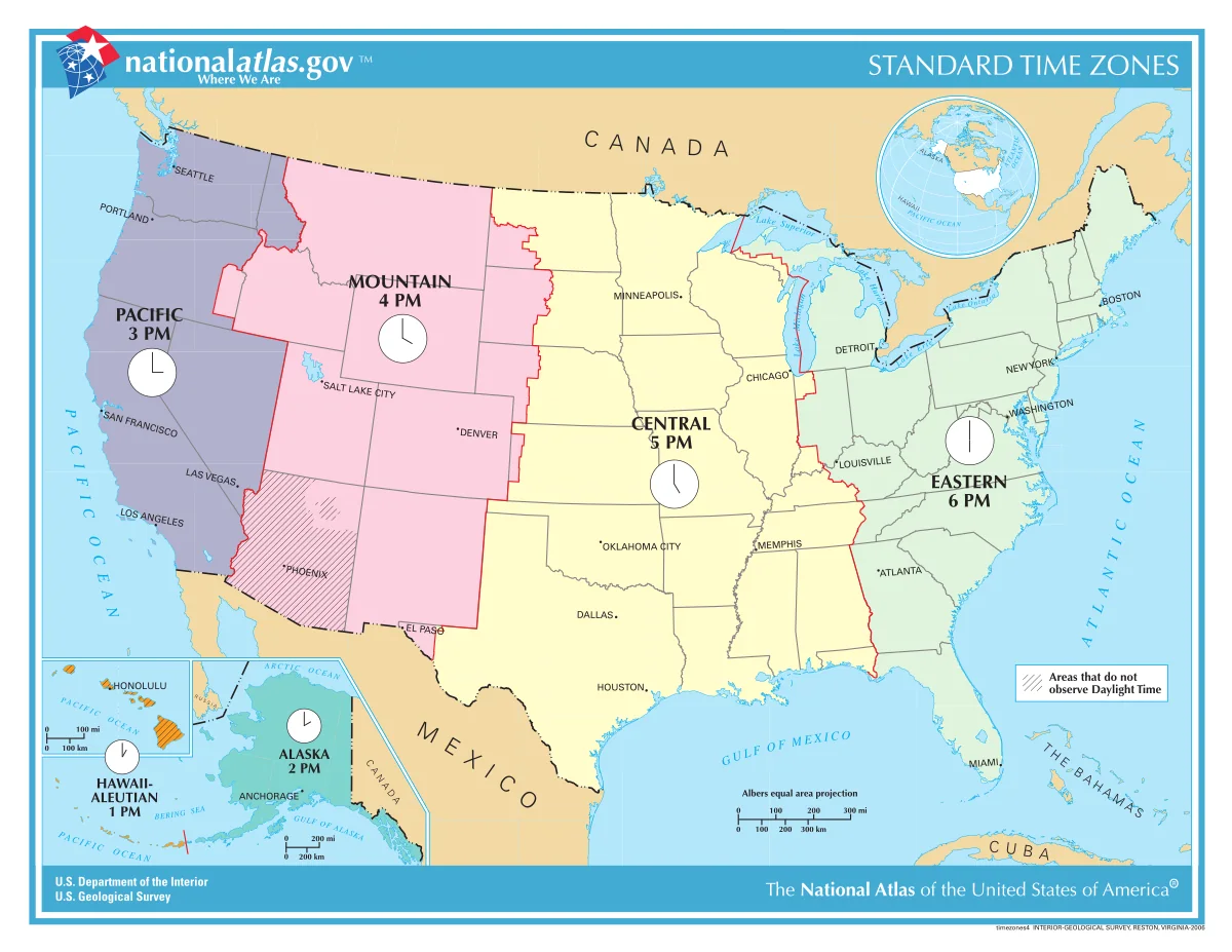 Mapa de husos horarios de Estados Unidos con zonas Pacific, Mountain, Central, Eastern, Alaska y Hawaii-Aleutian
