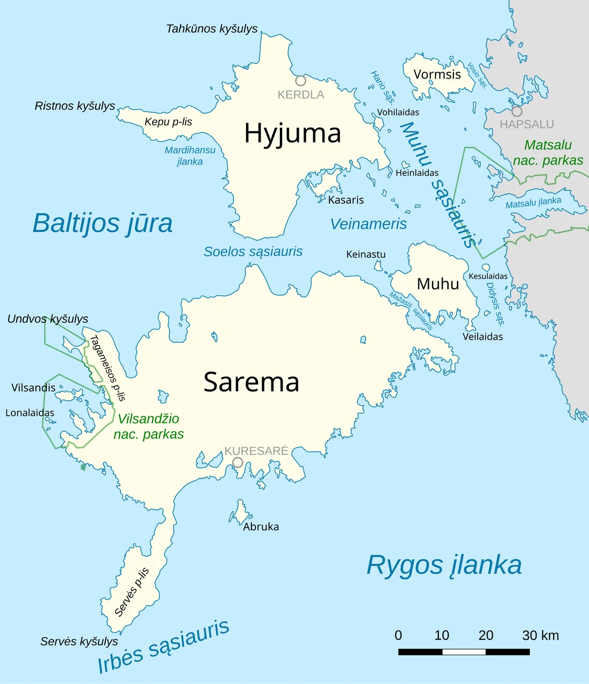 Mapa del archipielago occidental de Estonia con Saaremaa, Hiiumaa, Muhu, Vormsi, Vilsandi, golfo de Riga y mar Baltico