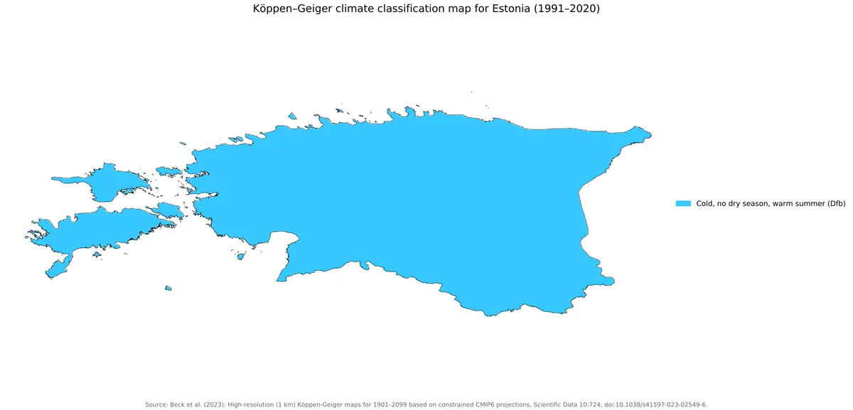 Mapa de Estonia con clasificacion climatica Koppen-Geiger 1991-2020 y categoria Dfb en todo el pais