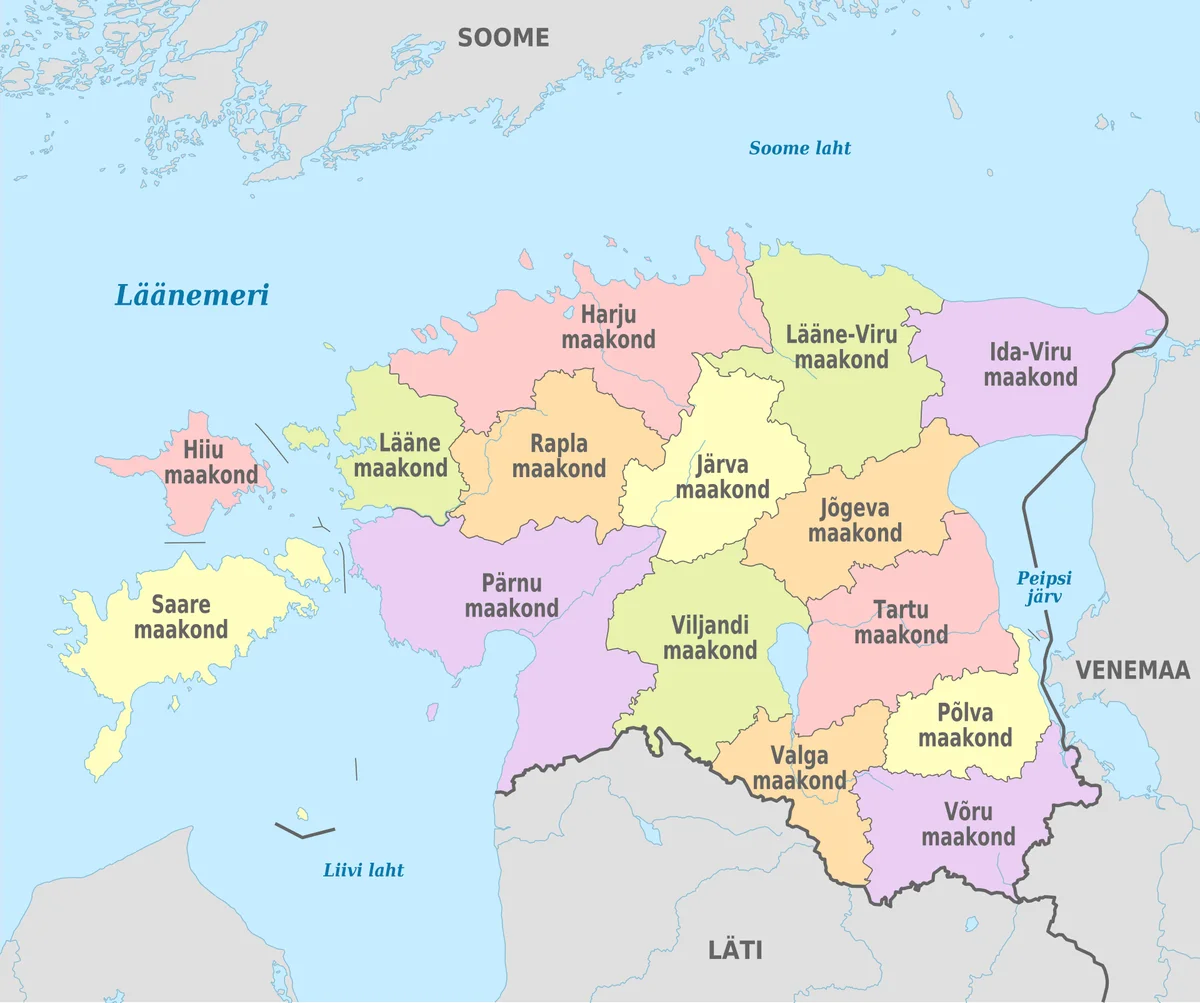 Mapa de Estonia por condados o maakonnad con Harju, Tartu, Ida-Viru, Parnu, Saare, Hiiu, Jarva, Voru y el lago Peipus