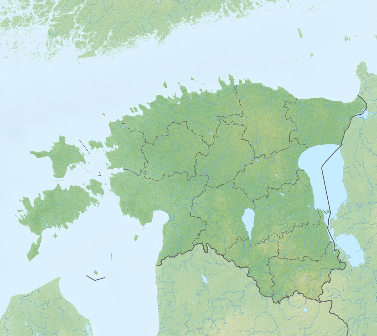 Mapa de relieve de Estonia con tierras bajas, Saaremaa, Hiiumaa, lago Peipus, lago Vortsjarv, rios y fronteras