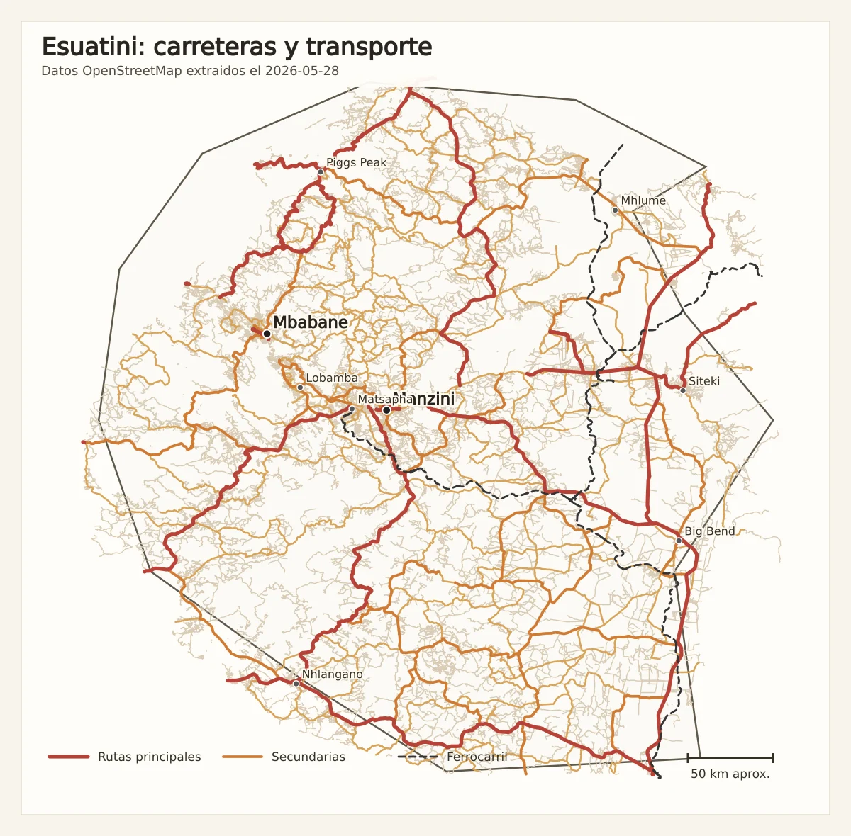 Mapa de carreteras de Esuatini con Mbabane, Manzini, Lobamba, Siteki, Nhlangano, Piggs Peak, Mhlume, Big Bend, rutas principales y ferrocarril