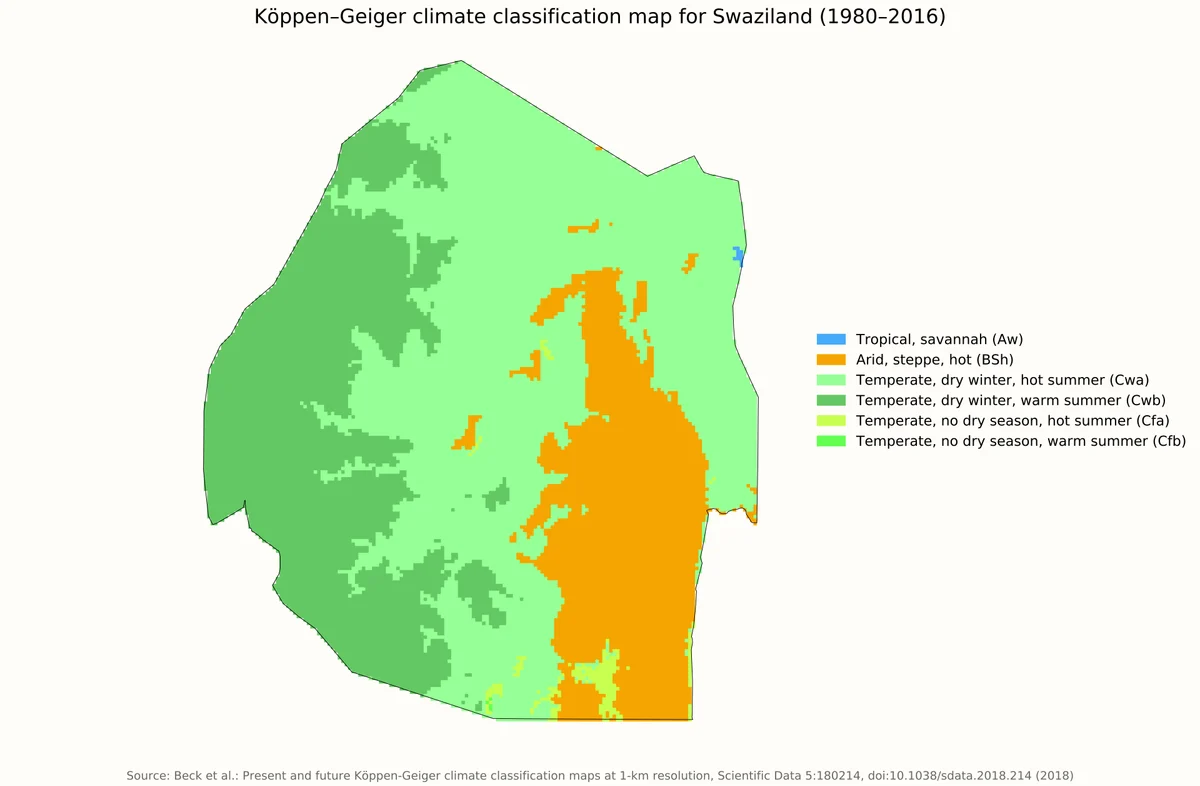 Mapa de clasificación climática Köppen-Geiger de Esuatini con zonas templadas, aridas y tropicales