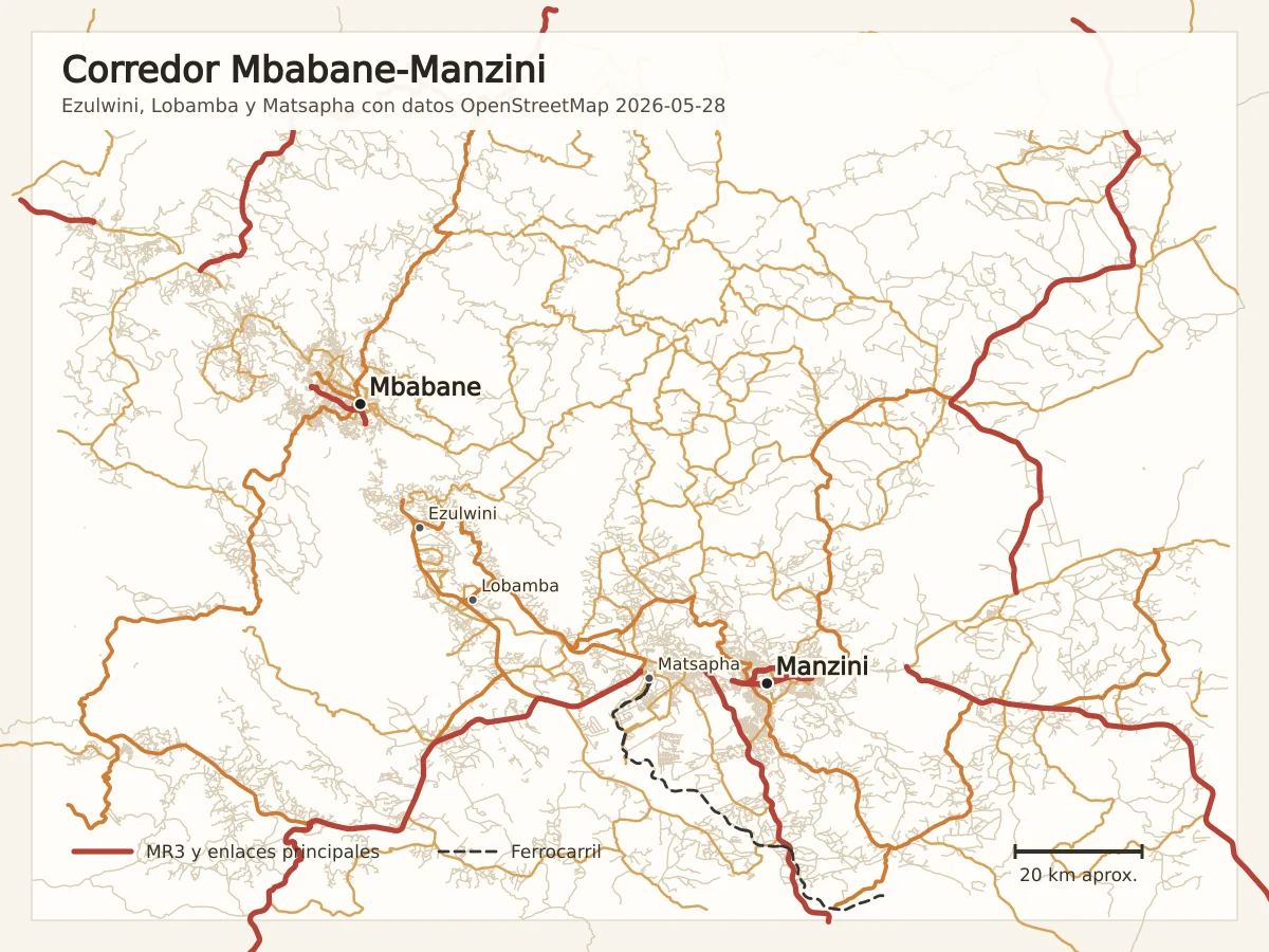 Mapa del corredor Mbabane-Manzini con Ezulwini, Lobamba, Matsapha, carreteras principales y ferrocarril