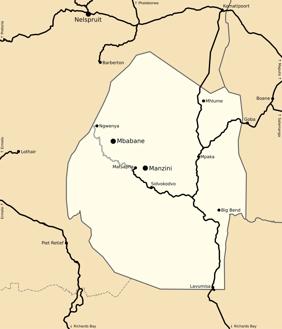 Mapa de la red ferroviaria de Esuatini con Mbabane, Manzini, Matsapha, Mhlume, Mpaka, Big Bend, Goba y Lavumisa