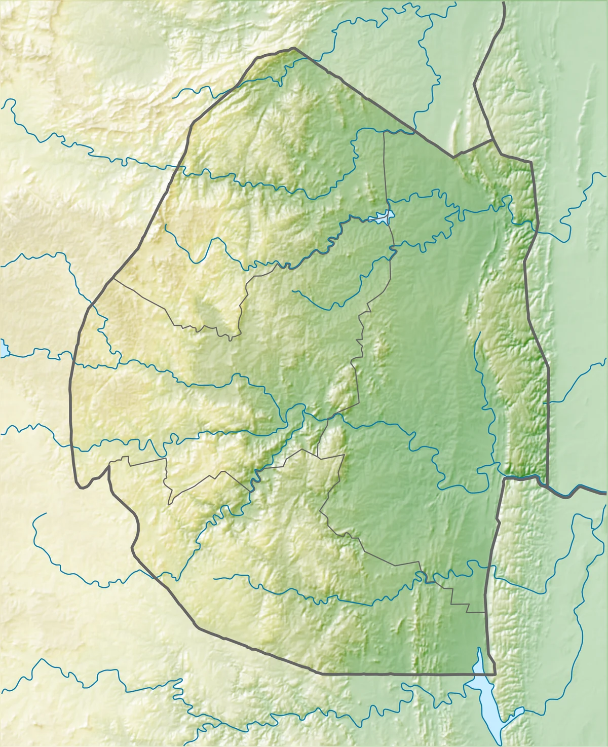 Mapa físico de Esuatini con relieve sombreado, ríos, límites y entorno de Sudáfrica y Mozambique