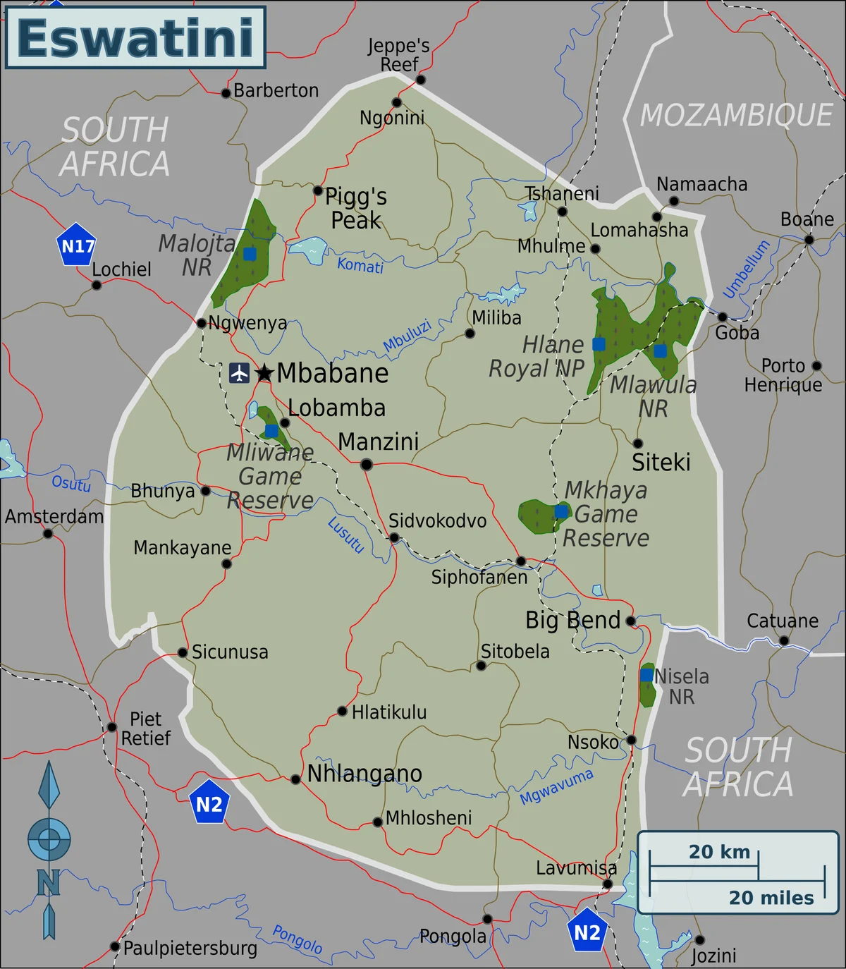 Mapa general de Esuatini con Mbabane, Manzini, Lobamba, Siteki, Nhlangano, carreteras, ríos, reservas y países vecinos