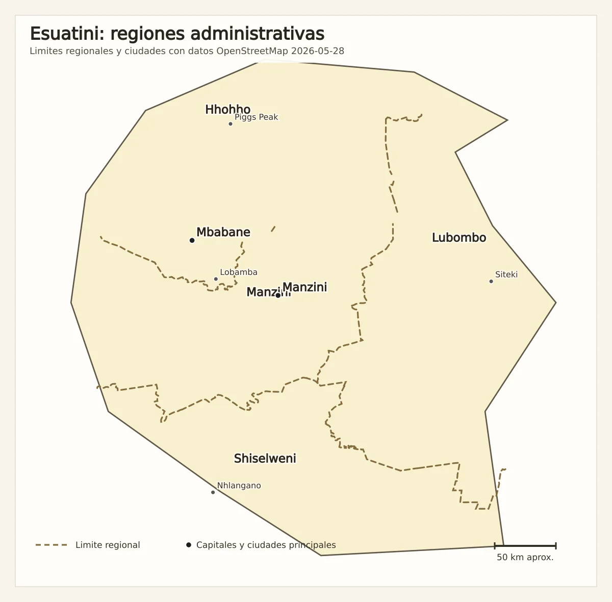 Mapa de Esuatini con las regiones Hhohho, Manzini, Lubombo y Shiselweni